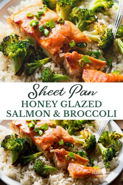 This honey glazed salmon recipe bakes with broccoli on a single sheet pan for an easy weeknight dinner that's ready from start to finish in less than 30 minutes! Pair it with rice, noodles, or a loaf of crusty bread for a simple family-friendly meal. Salmon Recipes Broccoli, One Pan Salmon And Broccoli, One Sheet Salmon And Veggies, Salmon Rice And Broccoli, Salmon And Veggie Recipes, Baked Salmon And Rice Recipes, Salmon And Broccoli Bake, Salmon Recipes Sheet Pan, Salmon And Broccoli Sheet Pan