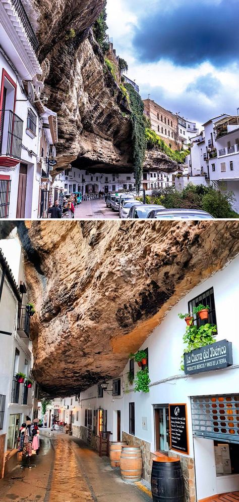 Setenil De Las Bodegas, A Town In Southern Spain, Known For Its Whitewashed Houses Built Into The Surrounding Cliffs Spanish People, Barcelona Spain Travel, Alhambra Granada, Southern Spain, Seville Spain, Romantic Destinations, Barcelona Travel, Basque Country, Old Church