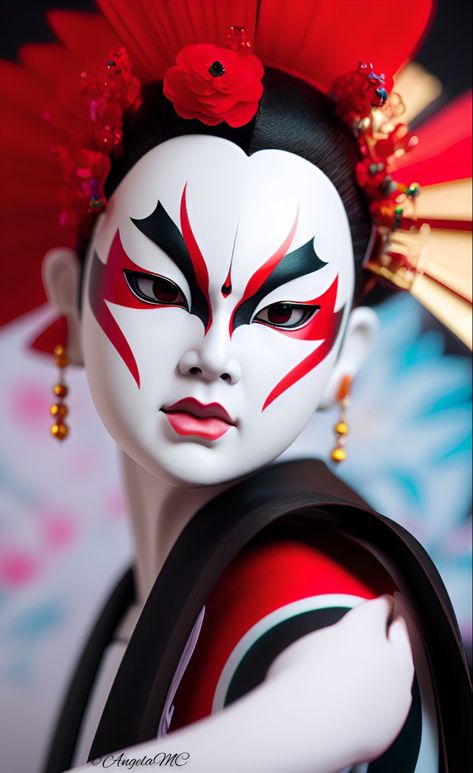 Kabuki Makeup Traditional, Geisha Makeup Halloween, Chinese Opera Makeup, Japanese Kabuki Mask, Geisha Mask, Fantasy Moodboard, Maya Character, Kabuki Mask, Circus Makeup