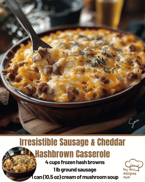 Irresistible Sausage & Cheddar Hashbrown Casserole Sausage Recipes For Dinner, Hashbrown Casserole, Hashbrown Breakfast Casserole, Hash Recipe, Sausage Dishes, Hashbrown Recipes, Sausage Casserole, Breakfast Casserole Easy, Hash Brown Casserole