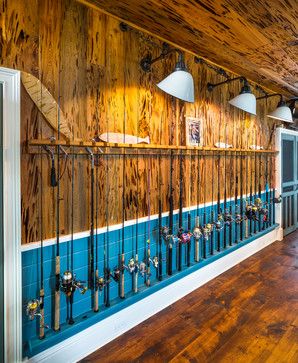 Eclectic Home Design Ideas, Pictures, Remodel and Decor Fishing Tackle Room, Fishing Man Cave, Hunting Room Ideas Man Caves, Houseboat Decor, Fishing Cabin Decor, Hunting Shack, Fishing Pole Storage, Bait Shop, Fishing Storage