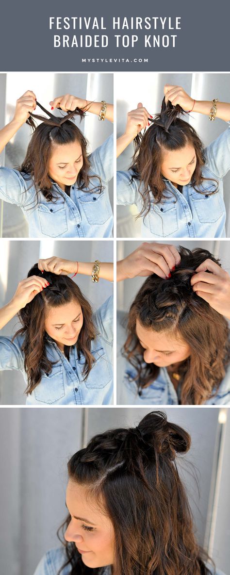 Festival hair style ideas, braided top knot, easy braided hairstyles - My Style Vita Hair Knot Tutorial, Half Top Knot, Braided Top Knots, Easy Braided Hairstyles, Top Braid, Top Knot Hairstyles, Braided Hairstyle, Cool Braid Hairstyles, Peinados Fáciles Para Cabello Corto