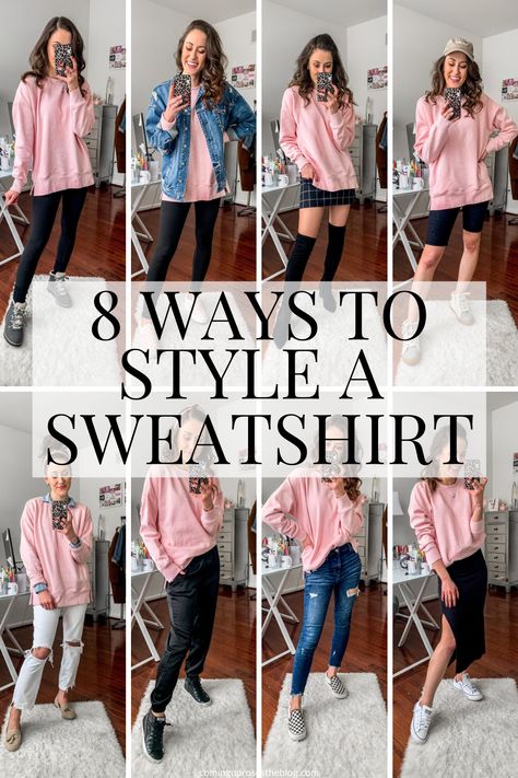 Style Sweatshirts Women, Blush Sweatshirt Outfit, Sweatshirt Fashion Outfits, Styling A Crewneck Sweatshirt, How To Style White Sweatshirt, Styling Oversized Crewneck, Pink Sweatshirt Outfit Winter, Outfits With Pink Sweatshirt, How To Dress Up A Sweatshirt And Leggings