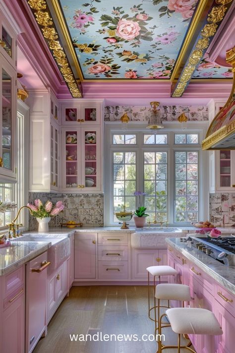 Pink Victorian Kitchen, Crazy House Ideas, Funky Rooms, Eccentric Kitchen, Color Drenching, Colorful Kitchens, Lodge Kitchen, Eclectic Kitchen Decor, Romantic Kitchen