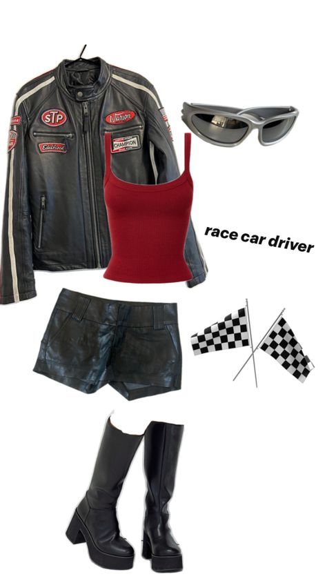 Driver Outfit Woman, Biker Halloween Costume Women, F1 Costume, Diver Outfit, Biker Halloween Costume, Horse Shoot, Biker Costume, Race Car Driver, Car Driver