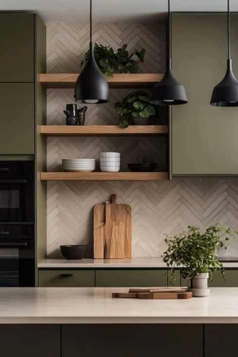 Why Everyone's Obsessed with Green Kitchen Cabinets Right Now! Cozy House Bedroom, Cozy Fall Home, Dark Green Kitchen, Green Kitchen Designs, House Bedroom Ideas, Brown Kitchen Cabinets, Home Decor Cozy, Green Kitchen Cabinets, House Bedroom