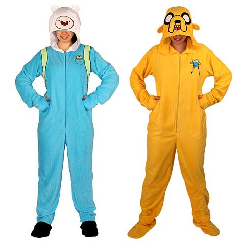 Adventure Time Finn and Jake Pajamas. YES. I'd be Jake, and Sam's Finn. :) Adult Footie Pajamas, Adventure Time Clothes, Finn Jake, Pajama Day, Union Suit, Adventure Time Finn, Finn The Human, Adult Pajamas, Think Geek