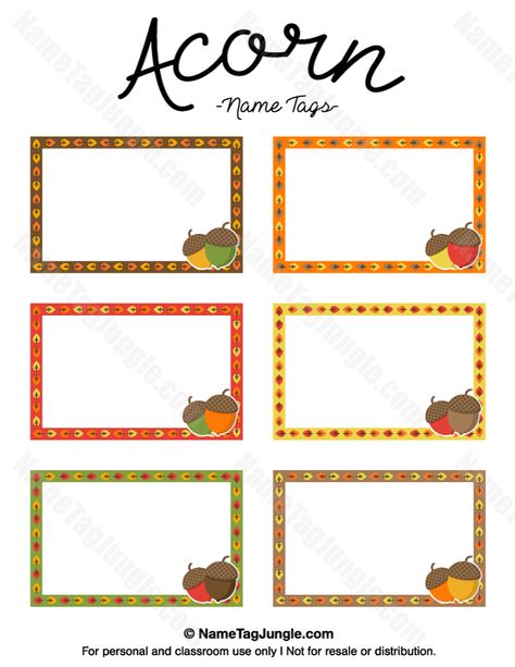 Free printable acorn name tags in fall colors. The template can also be used for creating items like labels and place cards. Download the PDF at http://nametagjungle.com/name-tag/acorn/ Fall Name Tags, Tag Template Free, Fall Tags, Cubby Tags, Fall Displays, Fall Festival Games, Student Name Tags, School Name Labels, September Themes