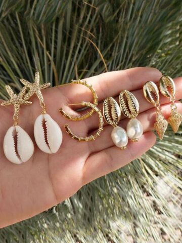 Conch Pearl, Boho Drop Earrings, Gold Beach, Styl Boho, Pearl Earrings Dangle, Shell Earrings, Small Earrings, Bijoux Diy, Stud Earrings Set