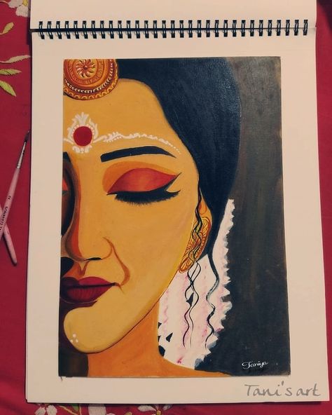 Oli painting on A4 size canvas paper A4 Size Painting, Indian Women Painting Easy, Maa Durga Abstract Painting, Bengali Bride Painting, Easy Indian Paintings, Painting Ideas On A4 Paper, Simple Acrylic Paintings On Paper, Traditional Paintings Indian, Indian Acrylic Painting