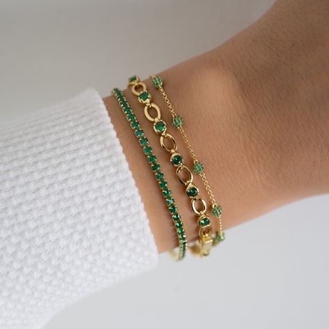 Emerald Chain Tennis Bracelet – Sami Jewels Bracelet Jewelry Silver, Emerald Jewelry Bracelet, Green Bracelet Stack, Gold And Green Bracelet, Emerald Green Bracelet, Emerald Bracelets, Emerald Chain, Emerald Tennis Bracelet, Green Gemstone Bracelet