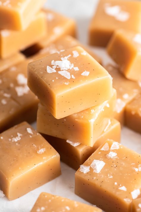 sea salt caramel recipe Sea Salt Caramel Recipe, Caramel Candy Recipe, Salted Caramel Candy, Cashew Brittle, Soft Caramels, Vanilla Bean Cream, Sea Salt Caramels, Salted Caramel Recipes, Salted Caramel Fudge