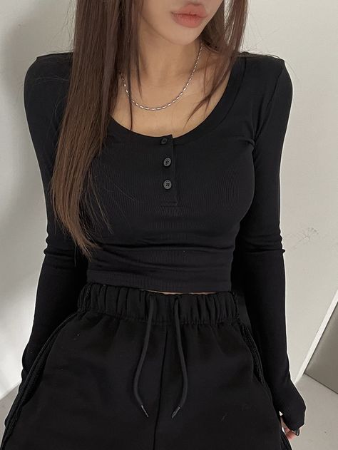 Black Casual Collar Long Sleeve Fabric Plain  Embellished High Stretch  Women Clothing Causual Outfits, Mode Inspo, Women T Shirts, Really Cute Outfits, Knit Crop, Looks Style, Casual Style Outfits, Teen Fashion Outfits, Mode Outfits