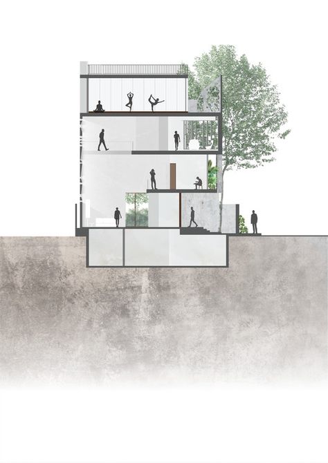 Center Section Schematic Section, Architectural Section Presentation, Section Plan Architecture, Section Architecture Drawing, Section Photoshop, Architecture Section Drawing, Sections Architecture, Section Drawing Architecture, Architecture Section