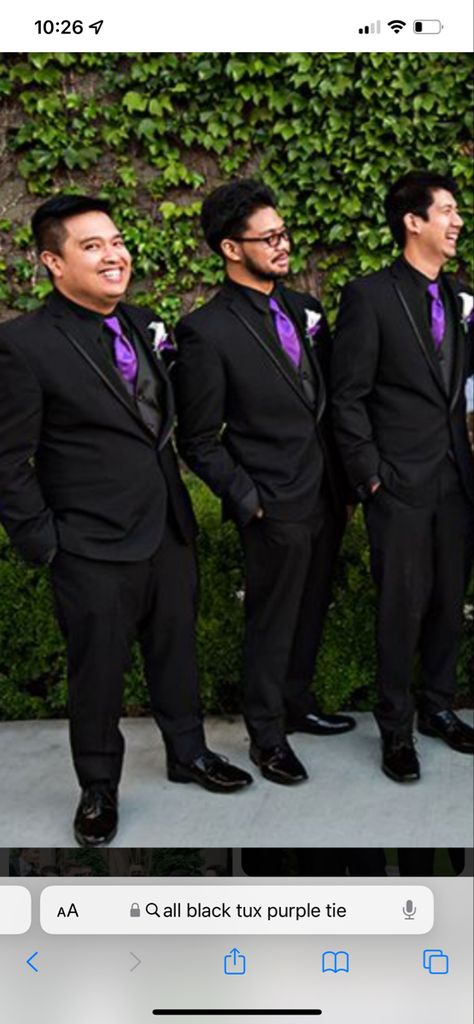 Black Suit Purple Tie Wedding, Black And Purple Groom Suit, All Black Suit With Purple Tie, Black And Lilac Groomsmen, Black And Purple Chambelanes, Black Tux With Purple Accents, Deep Purple Tuxedo Wedding, Black Tux Purple Tie, Royal Purple Groomsmen Attire