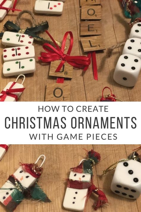 Christmas Ornaments Scrabble Tiles, Dice Ornaments Diy, Domino Ornaments Diy, Diy Bunco Ornaments, Board Game Christmas Ornaments, Game Pieces Repurposed, Bunco Christmas Ornaments Diy, Old Domino Crafts, Domino Christmas Ornaments