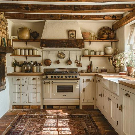 15+ Cottage Style Kitchen Ideas That Wow • 333+ Inspiring Lifestyle Ideas Cottage Kitchen Refrigerator, Cottage Themed Kitchen, Victoria Kitchen Ideas, Built In Shelving Kitchen, Cottage Kitchen Wood Cabinets, Tiny Cottage Kitchens Small Spaces, Small Cottage Kitchen Ideas Layout, Italian Cottage Kitchen, Cottage Core Aesthetic Kitchen