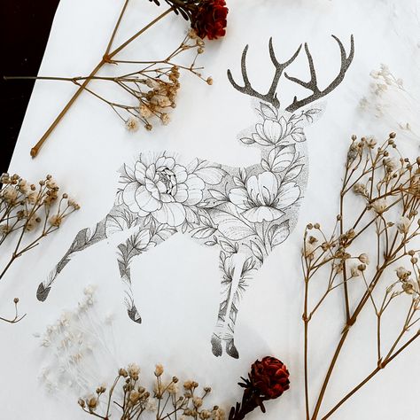 Deer Skull Floral Tattoo, Deer With Flowers Tattoo, Feminine Deer Tattoo, Fine Line Deer Tattoo, Antler And Flower Tattoo, Elk Tattoo Feminine, Stag Tattoo Feminine, Deer Tattoos For Women Beautiful, Deer Flower Tattoo