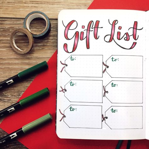 Christmas gift list for your bullet journal. Keep track of everyone’s Christmas gifts with this gift tracker in your bullet journal #christmasgifts #bujo #bulletjournal Bullet Journal Gift List, Notesbog Design, Bullet Journal Christmas, December Bullet Journal, Diy Buch, Gift Tracker, Bullet Journal Set Up, Bullet Journal Quotes, Bullet Journal Tracker