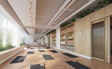 Yoga Studio Interior on Behance Yoga Studio Ideas, Cubicle Style, Yoga Studio Interior, Cozy Cubicle, Yoga Room Design, Yoga Area, Yoga Garden, Hot Yoga Studio, Studio Dance