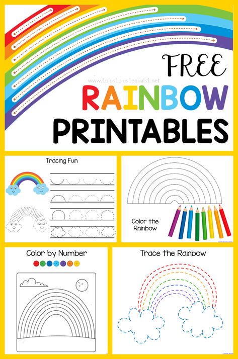 Free Rainbow Printable Pack for Kids! Have fun exploring colors with this free set centered around rainbows. Tracing, coloring, connect the dots, color by number and more! #1plus1plus1 #homeschool #homeschooling #freeprintablesforkids #kidsactivities #kidsprintables  #earlychildhood #preschoolactivities #homeschoolpreschool #kindergartenworksheets Rainbow Tracing Preschool, Rainbow Tracing Worksheet, Rainbow Worksheet Preschool Free Printables, Rainbow Worksheet Free Printable, Rainbow Numbers Free Printable, Rainbow Activities Preschool Printables, Rainbow Lesson Plans Preschool, Rainbow Activities Preschool, Rainbow Tracing