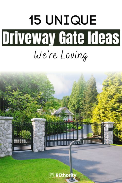 Are you looking for a unique solution to add a bit of extra security to your driveway? Look no further! We've rounded up 15 amazing driveway gates that are sure to provide the extra layer of protection you’re looking for while adding an element of style and sophistication to your property. Whether you’re looking for a classic wrought iron gate or a farm-style wood gate, we’ve got you covered! Read on to see some of the most unique driveway gate ideas we’re loving. House Gates Driveway, Fence Pillars Front Gates, Front Yard Fence With Electric Gate, Wrought Iron Sliding Gates Driveway, Gate Posts Ideas Driveways, Farm Entrances Driveways, Luxury Fences And Gates, Driveway Gate Brick Columns, Wrought Iron Gates Driveway Entrance