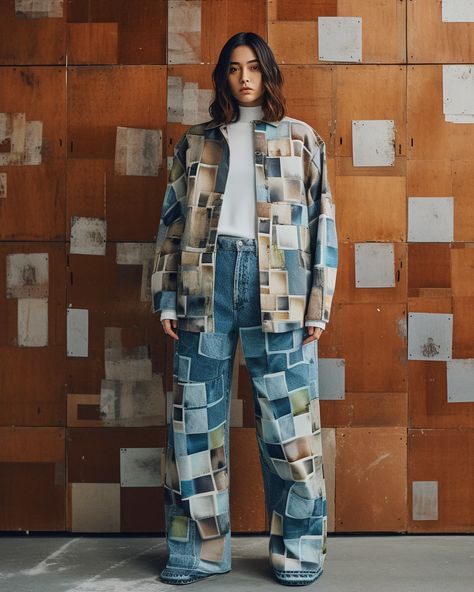 Photo Print Patch Denim Outfit Denim Trends 2023/2024, Patchwork Trends, Patchwork Denim Jeans, Patch Denim, Denim Suit, Denim Wear, Cargo Shirts, Tomboy Outfits, Denim Patches