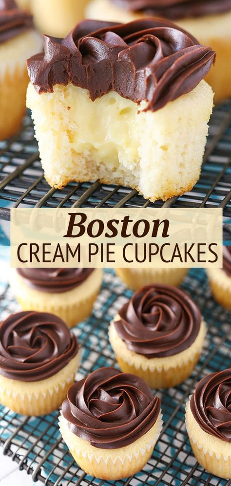 Chocolate Ganache Topping, Boston Cream Pie Cupcakes, Cream Pie Cupcakes, Boston Cream Cupcakes, Pastry Cream Filling, Moist Vanilla Cake, Pie Cupcakes, Cream Cupcakes, Boston Cream Pie