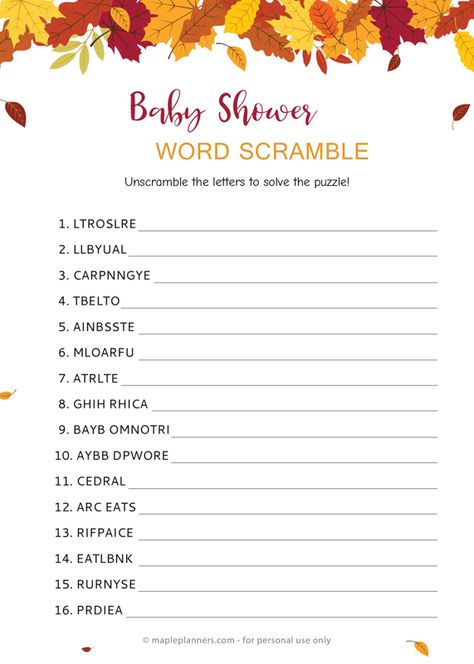 Download free printable fall baby word scramble. Simply download and print. #fallbabyshower #autumnbabyshower #babyscrambles Baby Shower Games Fall Theme, Fall Baby Shower Games Free Printable, Baby Shower Word Scramble Printable Free, Pumpkin Themed Baby Shower Games, Fall Themed Baby Shower Games, Free Baby Shower Games Printables, Baby Shower Scramble, Fall Baby Shower Games, Baby Word Scramble Answers