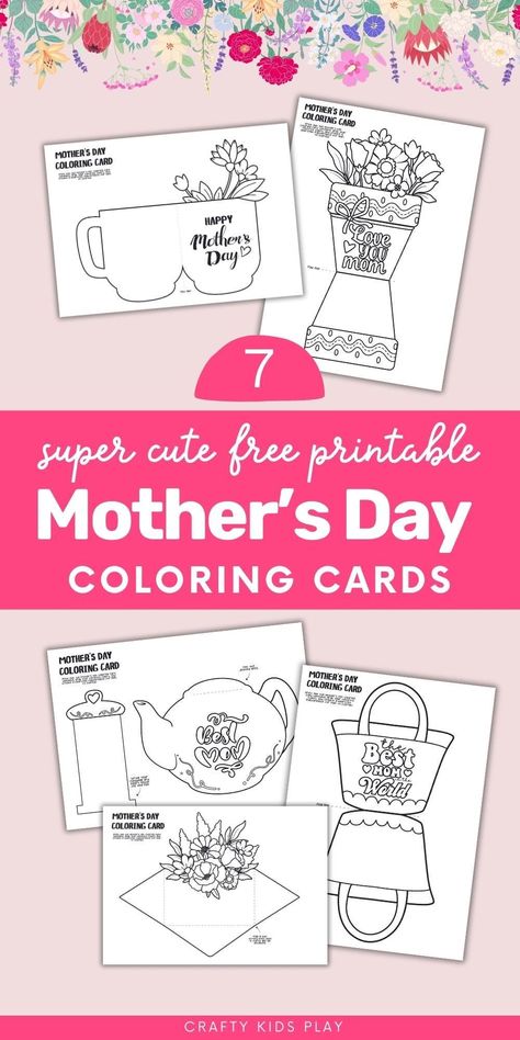 Looking for Free Mother's Day Cards for your kids? Trying to find an awesome Mother's Day Projects? Pick from one of these 7 free printable Mother's Day coloring cards! Whether you're looking for toddler crafts, kindergarten crafts or easy kids crafts, this is one of the most simple & fun Mother's Day crafts for kids! Free Mothers Day Cards, Mothers Day Coloring Sheets, Mothers Day Coloring Cards, Free Printable Card Templates, Mother's Day Crafts For Kids, Mothers Day Cards Craft, Mothers Day Card Template, Easy Mother's Day Crafts, Mother's Day Printables