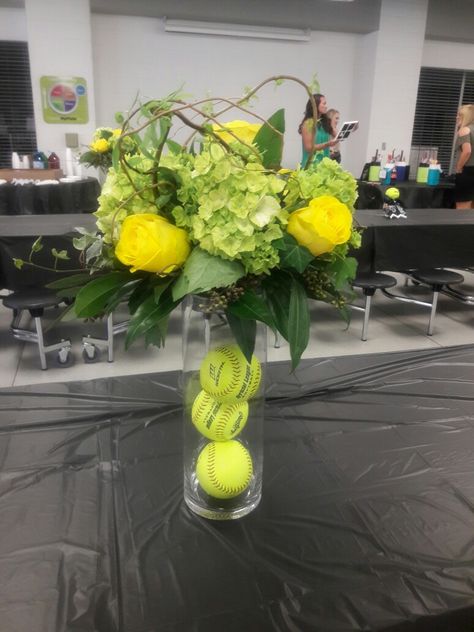 Had these made for our softball banquet. Softball Banquet Ideas, High School Sports Banquet, Softball Party Decorations, Softball Decor, Softball Banquet, Tennis Decorations, Softball Birthday Parties, Softball Decorations, Tennis Party Decorations