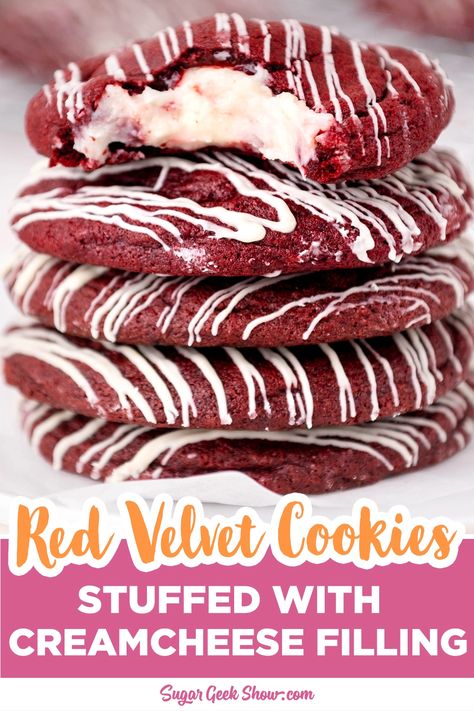 These moist and chewy red velvet cookies are stuffed with a light and fluffy cream cheese filling and are very similar to my chewy double chocolate chip cookies but with the flavor and texture of my authentic red velvet cake! Super easy to make and even easier to eat or gift during the Holidays. Red Velvet Cookie Recipe, Cookies With Cream Cheese Frosting, Holiday Candy Recipes, Cookies With Cream Cheese, Cookies Stuffed, Velvet Cookies, Cookies From Scratch, Double Chocolate Chip Cookies, Red Velvet Cookies