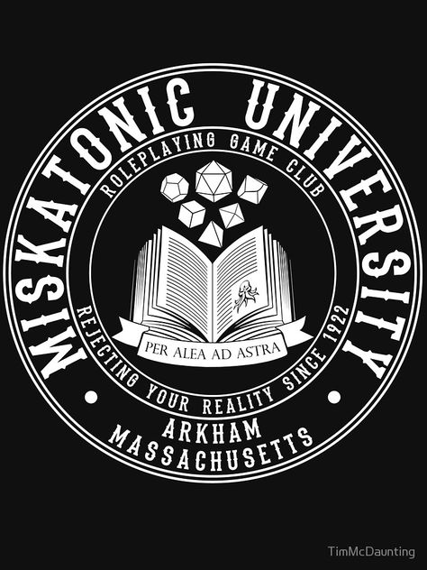 "Miskatonic University Roleplaying Club" T-shirt by TimMcDaunting #Aff , #AD, #Roleplaying, #University, #Miskatonic, #TimMcDaunting Logo Design Tshirt, Debate Club, Miskatonic University, Video Game Logos, Acoustic Panel, The Book Club, University Logo, Club Logo, Call Of Cthulhu