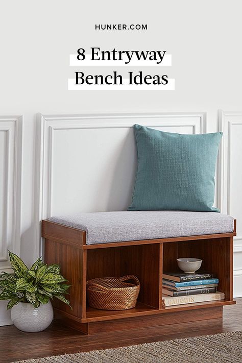 Find eight entryway bench ideas that will reinspire you to tackle decorating one of your home's most underrated areas and show off your design personality from the moment guests walk in. #hunkerhome #entryway #entrywaybench #benchideas #bench Foyer Bench With Shoe Storage, Small Bench With Storage, Small Entryway Bench With Shoe Storage, Entrance Bench Decor, Entryway Bench Decor Ideas, Entry Bench With Storage, Small Entry Bench, Cubby Decor, Small Shoe Bench