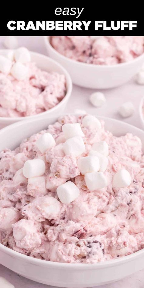 pink cranberry fluff with mini marshmallows in white bowl Cranberry Fluff Recipe, Cranberry Fluff Salad, Cranberry Fluff, Cranberry Salad Recipes, Cranberry Jello, Cool Whip Desserts, Cranberry Dessert, Canned Cranberries, Fluff Salad