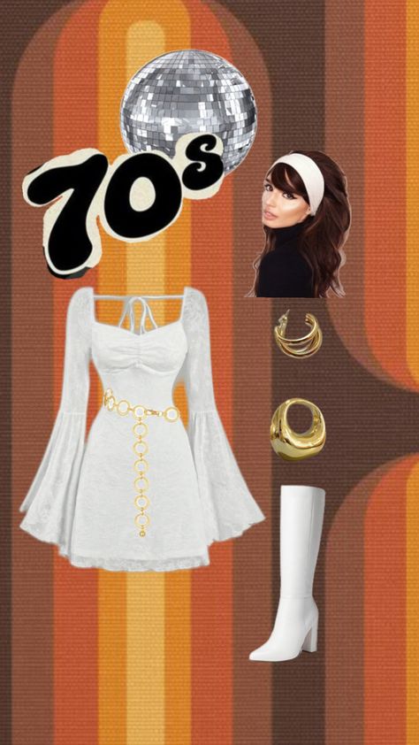 White bell sleeve dress with accessories and 70’s style hair. 70’s disco ootd. 70s Outfits Disco, 70s Disco Hair, White Bell Sleeve Dress, 70s Disco Outfit, 70s Disco Dress, Disco Hair, 70’s Disco, 70’s Style, 70s Outfits