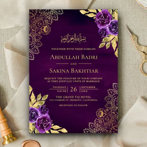 Muslim Wedding Cards, Muslim Wedding Invitations, Red Wedding Invitations, Purple Wedding Theme, Digital Invitations Wedding, Vintage Lace Weddings, Maroon Wedding, Botanical Wedding Invitations, Reception Invitations