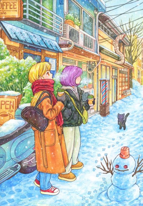 Winter Morning Drawing, Morning Drawing, Winters Morning, Anime Canvas Painting, Illustration Journal, Color Drawing Art, Kids Watercolor, Winter Morning, Cute Paintings