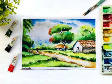 It's a very easy watercolour painting for beginners . You can see full tutorial of this in my Youtube channel :: Art Levels Watercolour Painting For Beginners, Easy Watercolour Painting, Watercolor Scenery Painting, Landscape Painting For Beginners, House Scenery, Village Scene Drawing, Landscape Drawing Easy, Scenery Drawing For Kids, Watercolour Landscape Painting