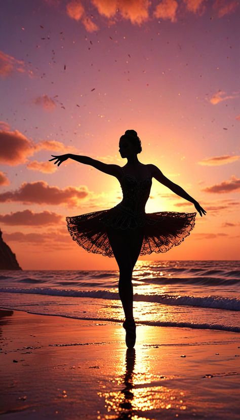 silhouette of a ballerina at sunset on the beach - AI creation Sunset Gymnastics Pictures, Cute Dance Pictures, Ballet Photoshoot Poses, Ballet Dancer Photography, Beach Gymnastics, Gymnastics Wallpaper, Just Believe In Yourself, Ballerina Poses, Ballet Dance Photography