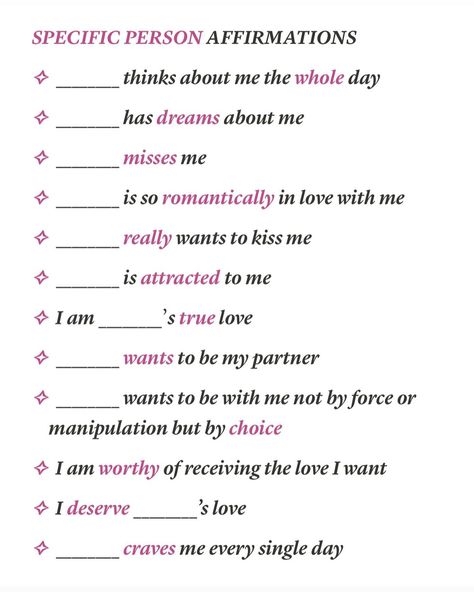 Specific person affirmations! ♡ Follow @rorasubs for daily subliminals, manifestation, and affirmations ♡ #affirmations #manifestation #subliminals #rorasubs #affirming #manifesting #subs #iattract #idontchaseiattract #love #loveaffirmations #specificperson #specificpersonaffirmations #specificpersonmanifestation #specificpersonlovesme Manifestion For Love, Marriage Affirmations With Specific Person, Law Of Attraction Specific Person, Manifesting A Person Into Your Life, Love Affirmations For Specific Person, Manifesting A Specific Person Love, Manifestation For Specific Person, Manifest Your Crush Affirmations, Manifesting Crush Affirmations