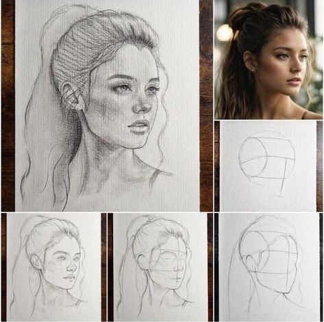 How To Draw Real Face, Step By Step Portrait Drawing, How To Draw Portraits Step By Step, Face Figure Drawing, Portrait Drawing Step By Step, Face Sketch Tutorial, Face Portrait Sketch, Female Face Sketch, Loomis Method Head