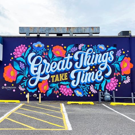 Mural in Clara Barton, Edison, New Jersey by artist Olga Muzician @olgamuzician Murals With Quotes, Wall Mural Quotes, Elementary School Murals Ideas, Retro Mural Wall Art, Room Painting Ideas Canvas, School Murals Highschool, Motivational Mural, Elementary School Murals, Preschool Mural