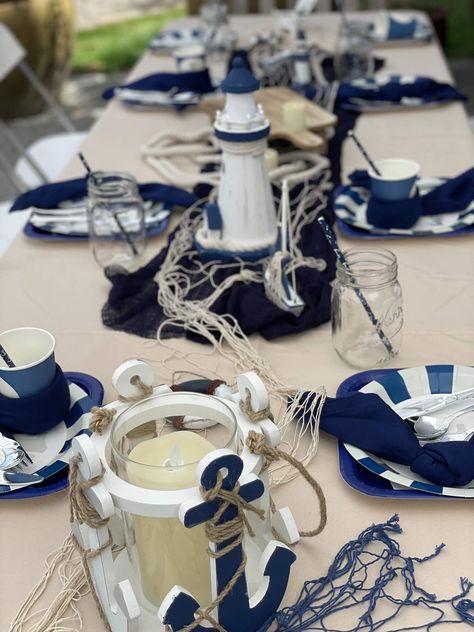 Ahoy There! Happy birthday, CAPTAIN D ⚓️ | CatchMyParty.com Nautical Centerpiece Ideas, Navy Tablescape, Nautical Birthday Decorations, Birthday Captain, Sailor Decor, Beach Table Decorations, Nautical Centerpiece, Nautical Ideas, Nautical Bridal Showers