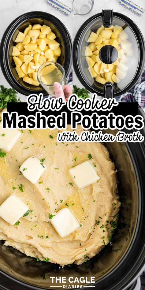 Crockpot Mashed Potatoes With Chicken Broth, Chicken Broth Mashed Potatoes, Slow Cooker Garlic Mashed Potatoes, Crockpot Garlic Mashed Potatoes, Best Crockpot Mashed Potatoes, Crockpot Mashed Potatoes Recipes, Mashed Potatoes Chicken Broth, Crockpot Mashed Potatoes Easy, Mashed Potatoes With Chicken Broth