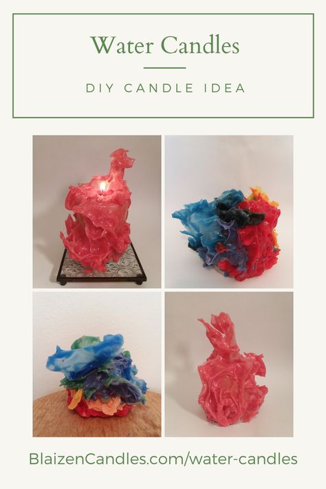 I saw a picture of these candles and thought they were so cool-looking.  They look so elegant.  You can get so creative with this technique and build your own unique, under-water world!  In this blog post I discuss three methods of using water to make candles. Unique Candle Making Ideas, Candle Collage, Making Gel Candles, Candle Wax Art, Candles Gothic, Gel Candle Diy, Candle Water, Homemade Incense, Wax Ideas