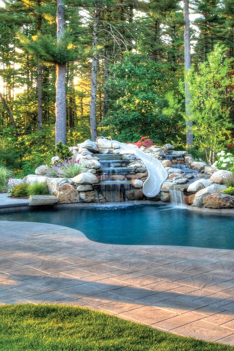 Cascading Pool Waterfall, Slope Backyard Pool Ideas, Backyard Oasis Pool Outdoor Living, Small Pool On Sloped Yard, Backyard Pool Slide, Man Made Beach Backyard, Lagoon Pool Backyard Oasis, Rock Pools Backyard, Backyard Pool With Slide