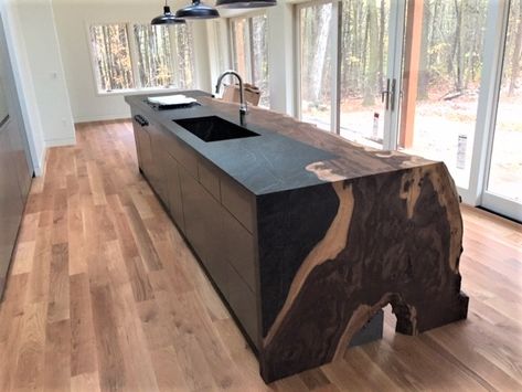 Kitchen Countertops With White Cabinets, Countertops With White Cabinets, Live Edge Countertop, Soapstone Kitchen, Wood Bar Top, Gray Island, Stone Counter, Wooden Island, House Elements