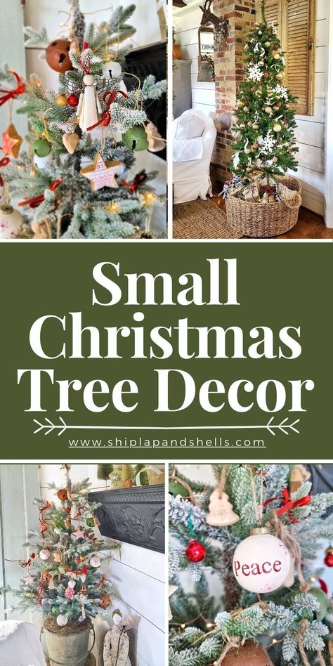 Looking for small Christmas tree ideas? Well look no further. Visit the blog for creative ideas to show off your Christmas trees, no matter what the size. #christmastree #smallchristmastrees #holidaydecor #christmasdecorideas Small Beautiful Christmas Trees, Small Live Christmas Tree Ideas, Tabletop Xmas Tree Ideas, Small Vintage Christmas Tree Ideas, Christmas Tree On Top Of Table, Places To Put Christmas Tree, Table Top Christmas Trees Ideas, Small Fake Christmas Tree, Alpine Tree Decorating Ideas