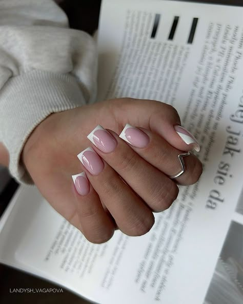 Nail Inspo Short Square French, French Nails With Chrome Square, Frenchies Acrylic Nails, Thick French Tip, Short Frenchies, French Tips Short, Nail Ideas Classy, Apres Nails, French Nails Short